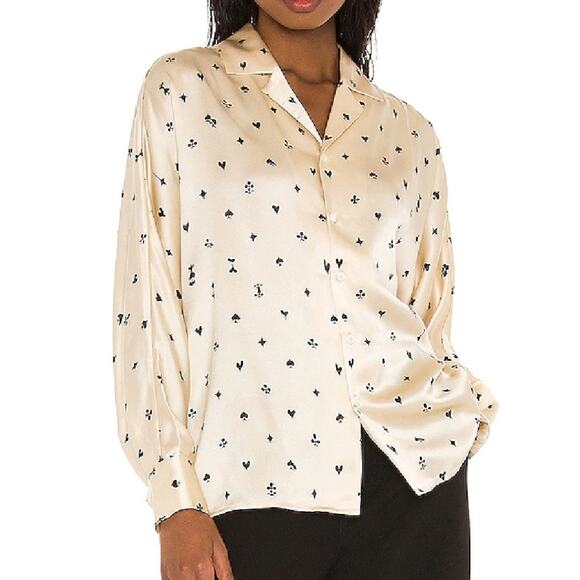 Revolve - Tell Your Friends Dolman Silk Shirt in Plaisantin Cream & Black - Picture 7 of 8